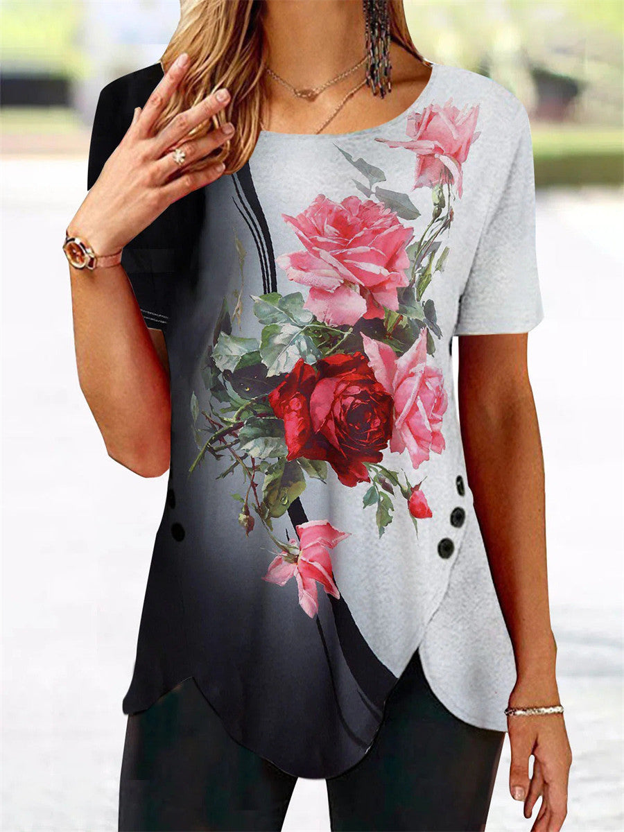 LilyWish Women’s Floral Color Block Short Sleeve Tunic Top With Side Buttons