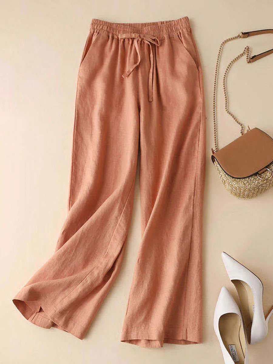 LilyWish Orange Belted Loose Cotton And Linen Pants