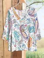 LilyWish Trendy Paisley Print V-neck 3/4 Sleeve Top