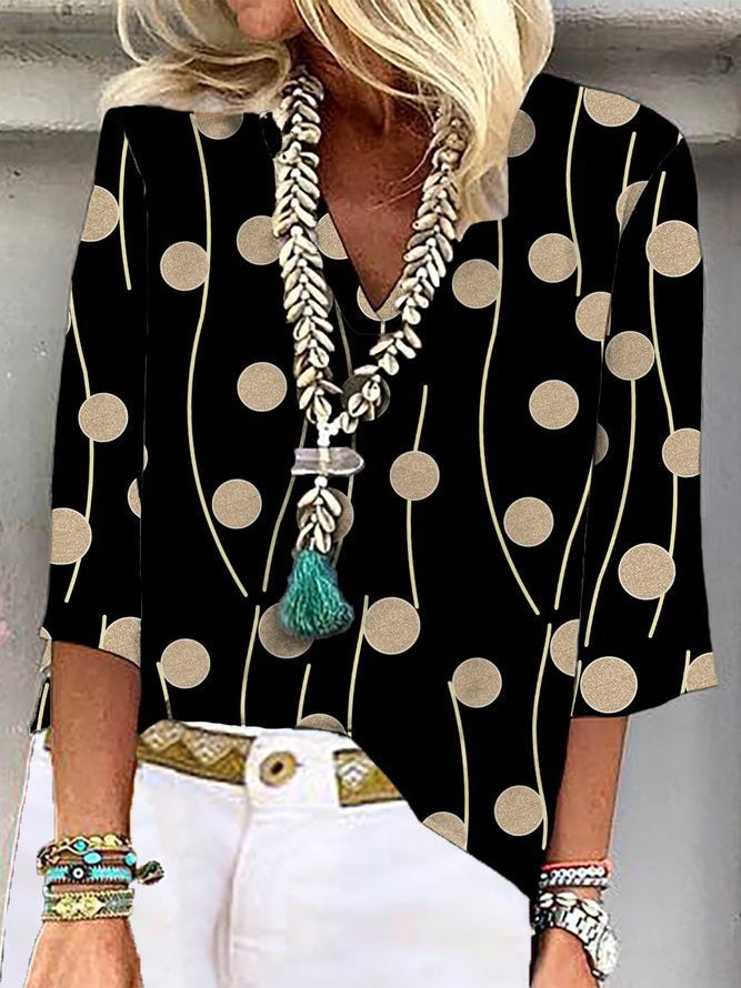 LilyWish Casual V-neck Polka Dot Printed 3/4 Sleeve Blouse