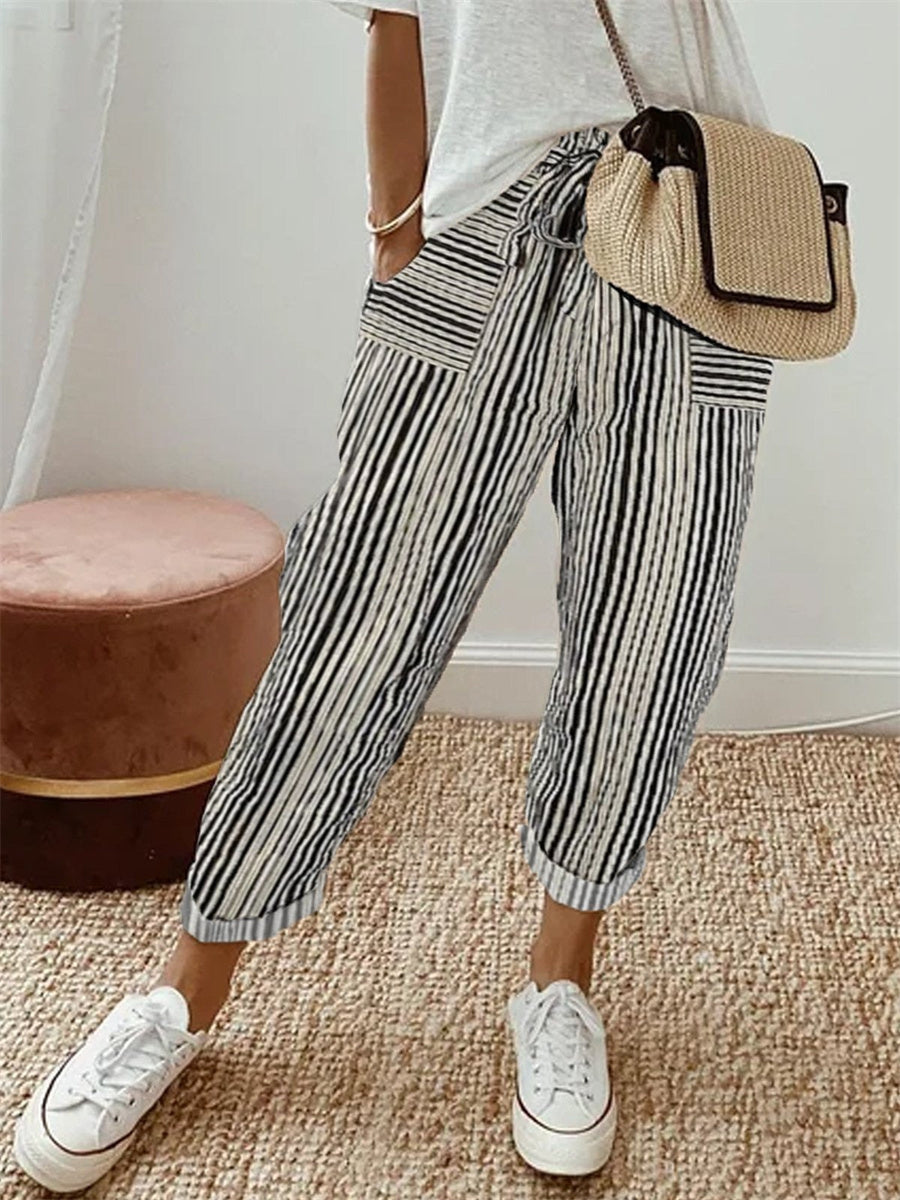 LilyWish Cotton & Linen Abstract Stripes Loose Casual Pants