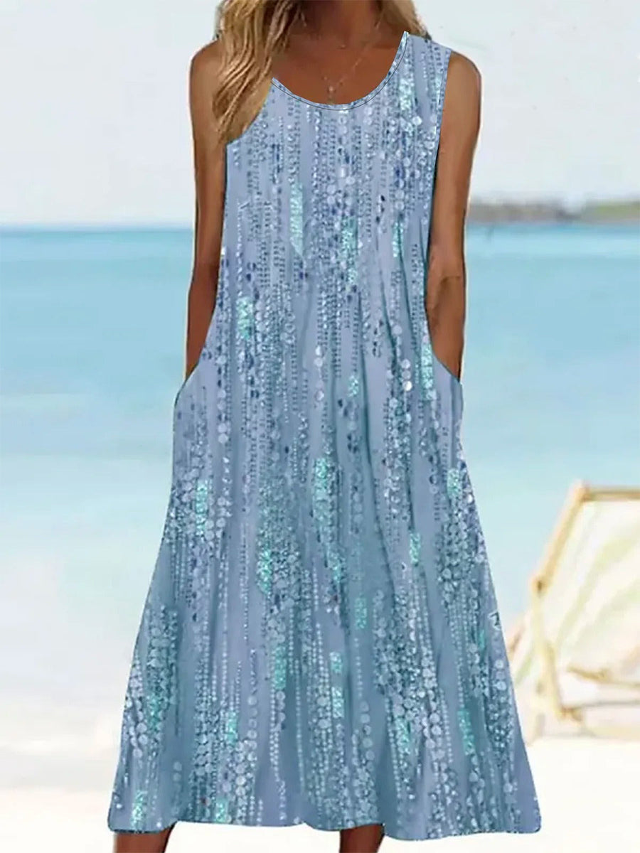 Women's Sleeveless Blue Floral Print Casual Maxi Dress with Pockets