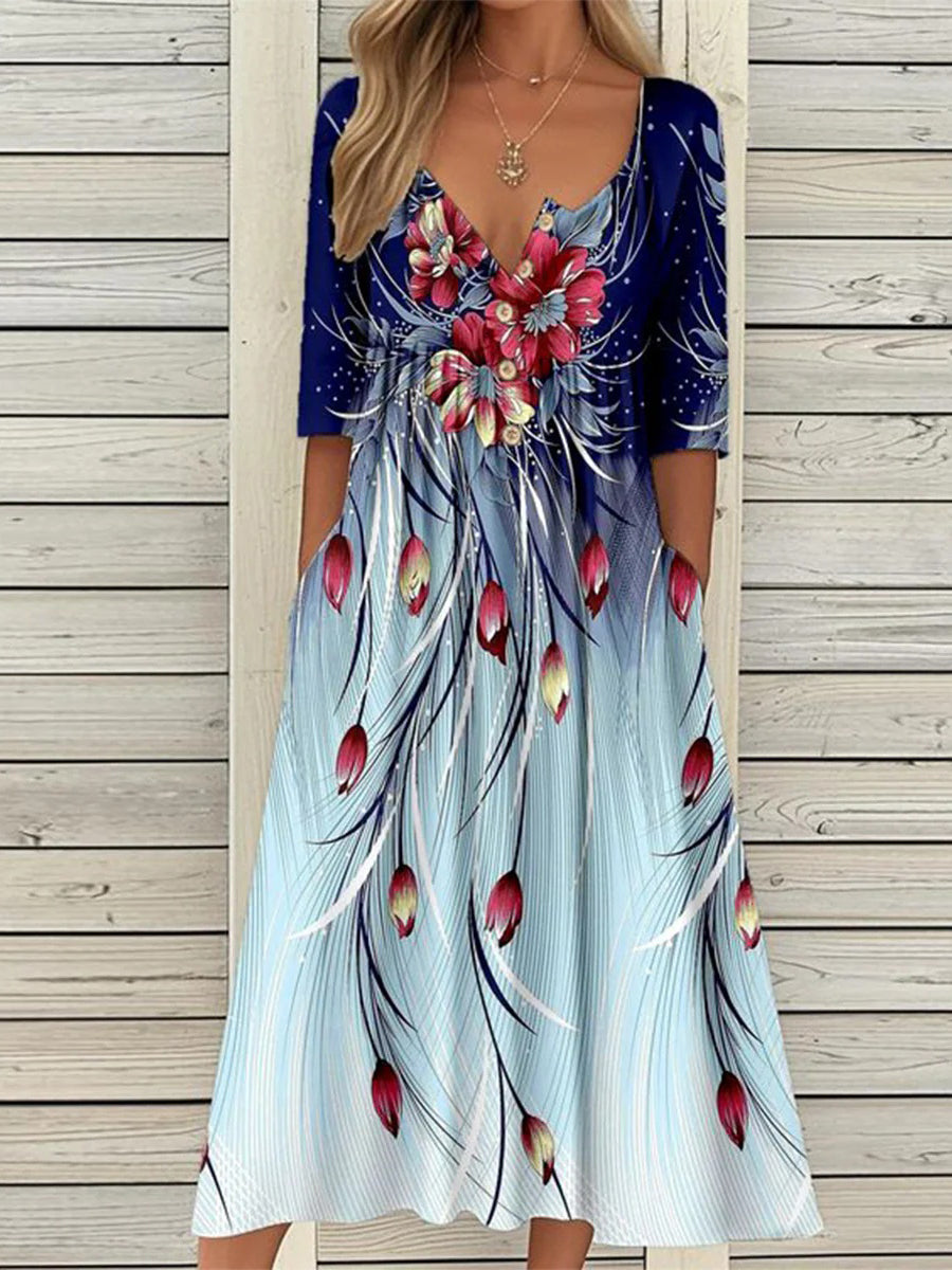 LilyWish Groovy Floral Print Short Sleeve Midi Dress