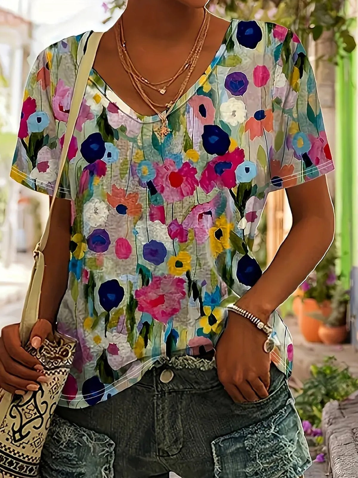LilyWish Floral Print Crew Neck Short Sleeves Loose T-Shirt