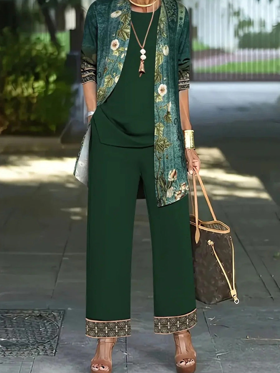 Green Floral Print Long Sleeve Three Piece Set