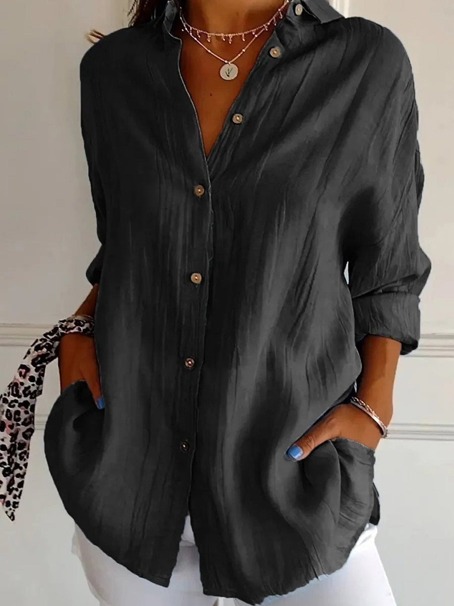 LilyWish Solid Casual Buttoned Loose V Neck Blouse