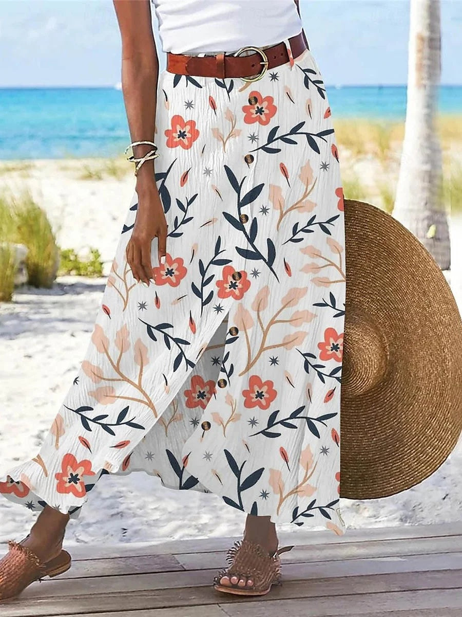 LilyWish Women's Floral Printed Graphic Straight Fashion Split Button Maxi High Waist Skirt