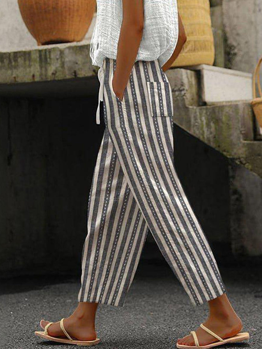 Women's Striped Drawstring Cropped Pants with Pockets