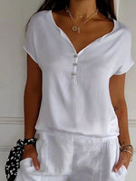 LilyWish Solid Short Sleeve Buttoned V Neck T-Shirt