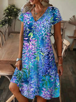 LilyWish Vintage Leaf Print V-neck Short Sleeve Dress