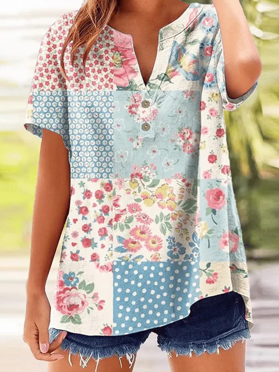 LilyWish Popular Floral Print V-neck Short Sleeve Top