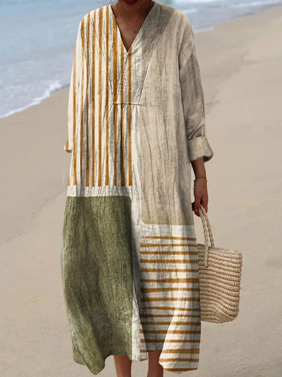 LilyWish Women’s Vintage Patchwork Stripe Long Sleeve Loose Maxi Dress
