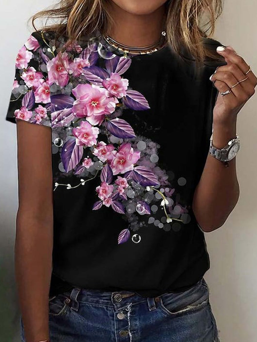 LilyWish Floral Vintage Print Crew Neck T-Shirt