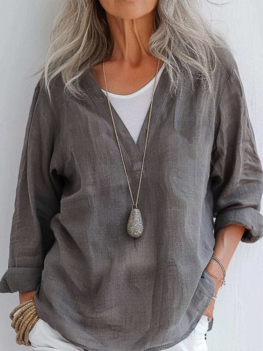 LilyWish Simple Solid Long Sleeve V Neck Top