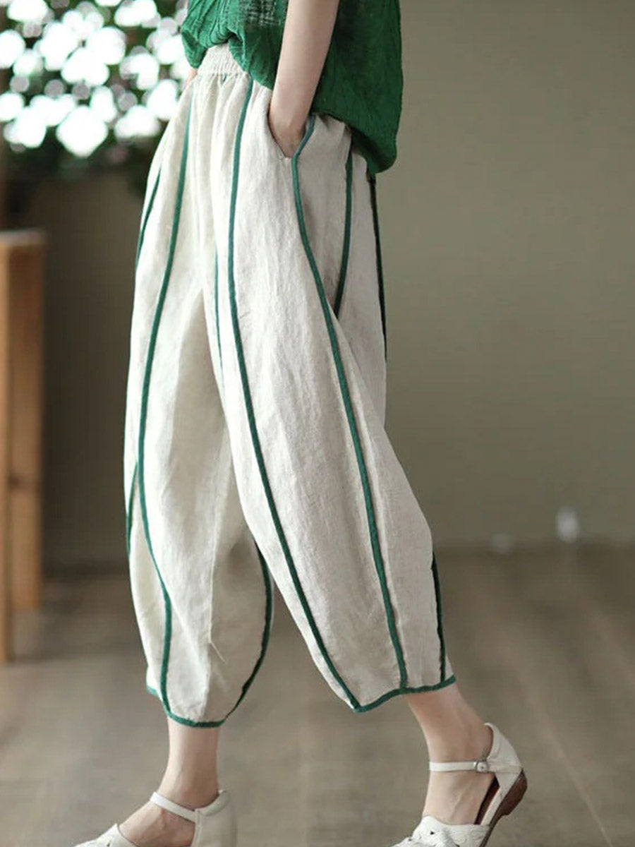 White Patchwork Linen Harem Pants