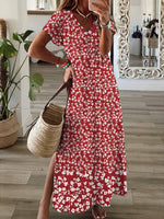 LilyWish V-neck Short Sleeve Loose Vacation Floral Maxi Dress