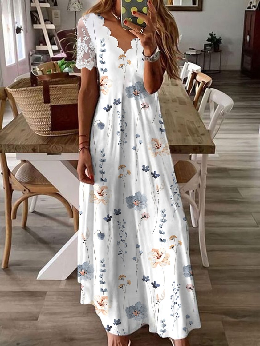 Women's Scalloped V-Neck Floral Print Lace Sleeve Maxi Dress