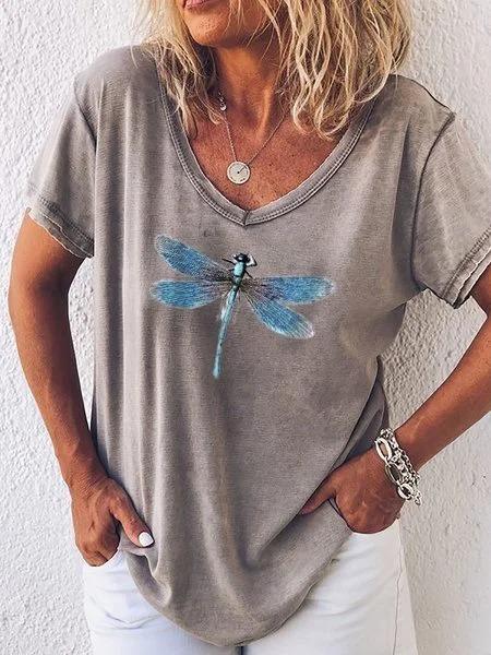 Women's Casual V-Neck Dragonfly Print Short Sleeve T-Shirt Top