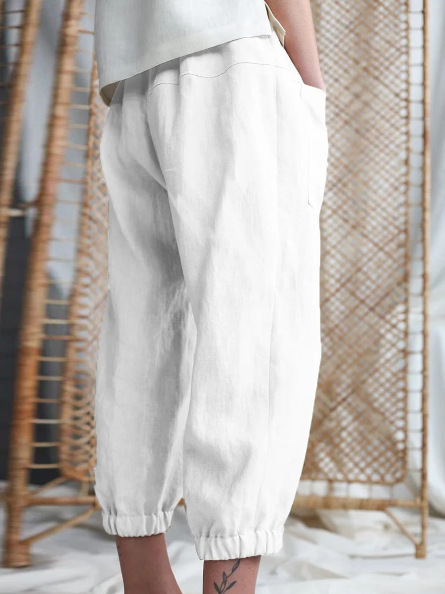 Casual Plain Loose Pocket Cropped Pants