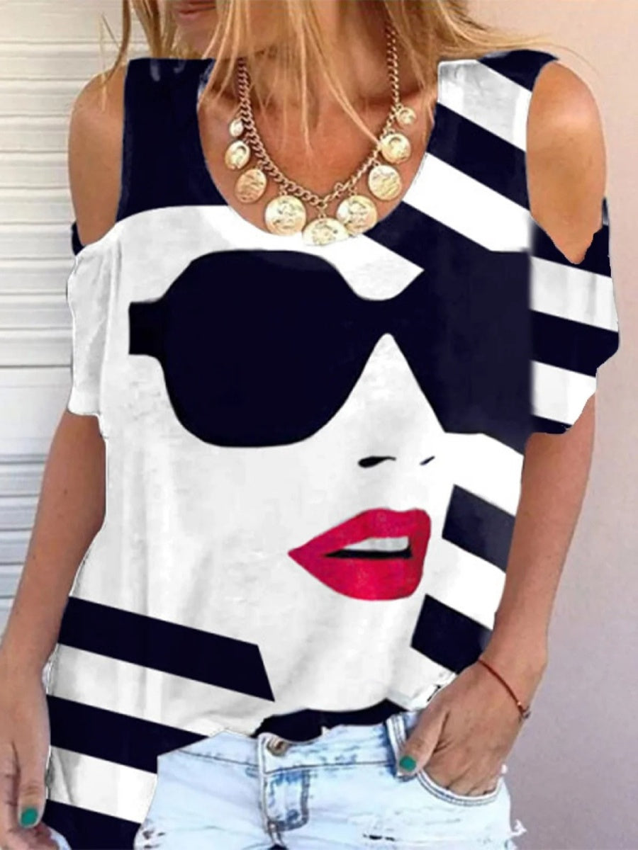 LilyWish Cotton Summer Abstract V-neck Short Sleeve Casual T-shirt