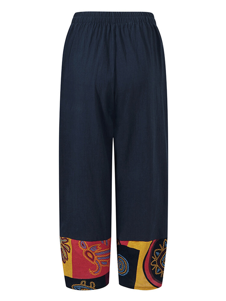 Navy Geometric Casual Pants with Pockets