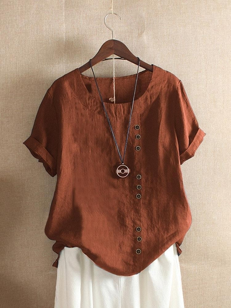 Women's Casual Loose-Fit Cotton Short Sleeve Blouse with Side Buttons
