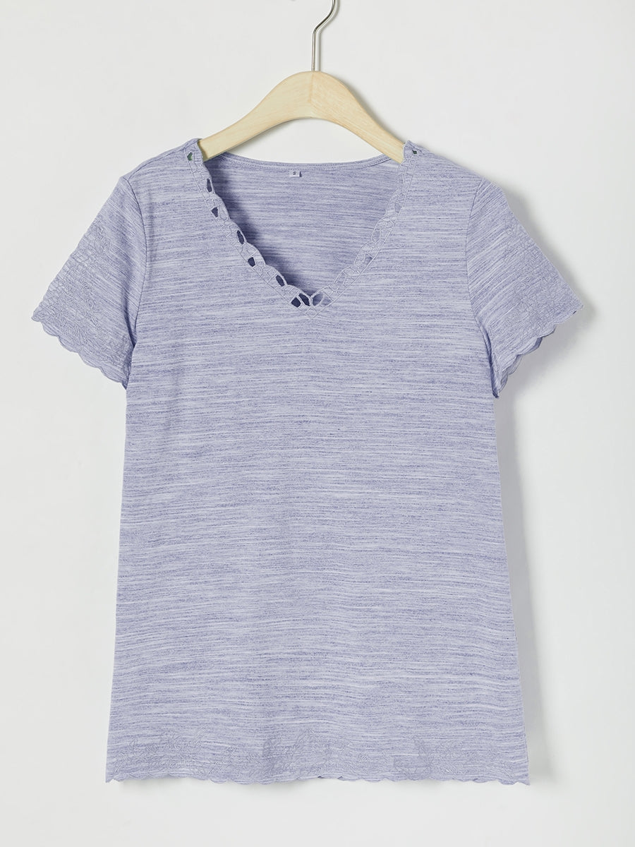 Casual Solid Embroidery V-neck Short Sleeve T-shirt