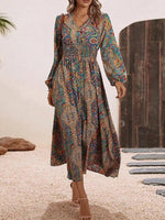 Elegant Paisley Print V-Neck Long Sleeve Midi Dress