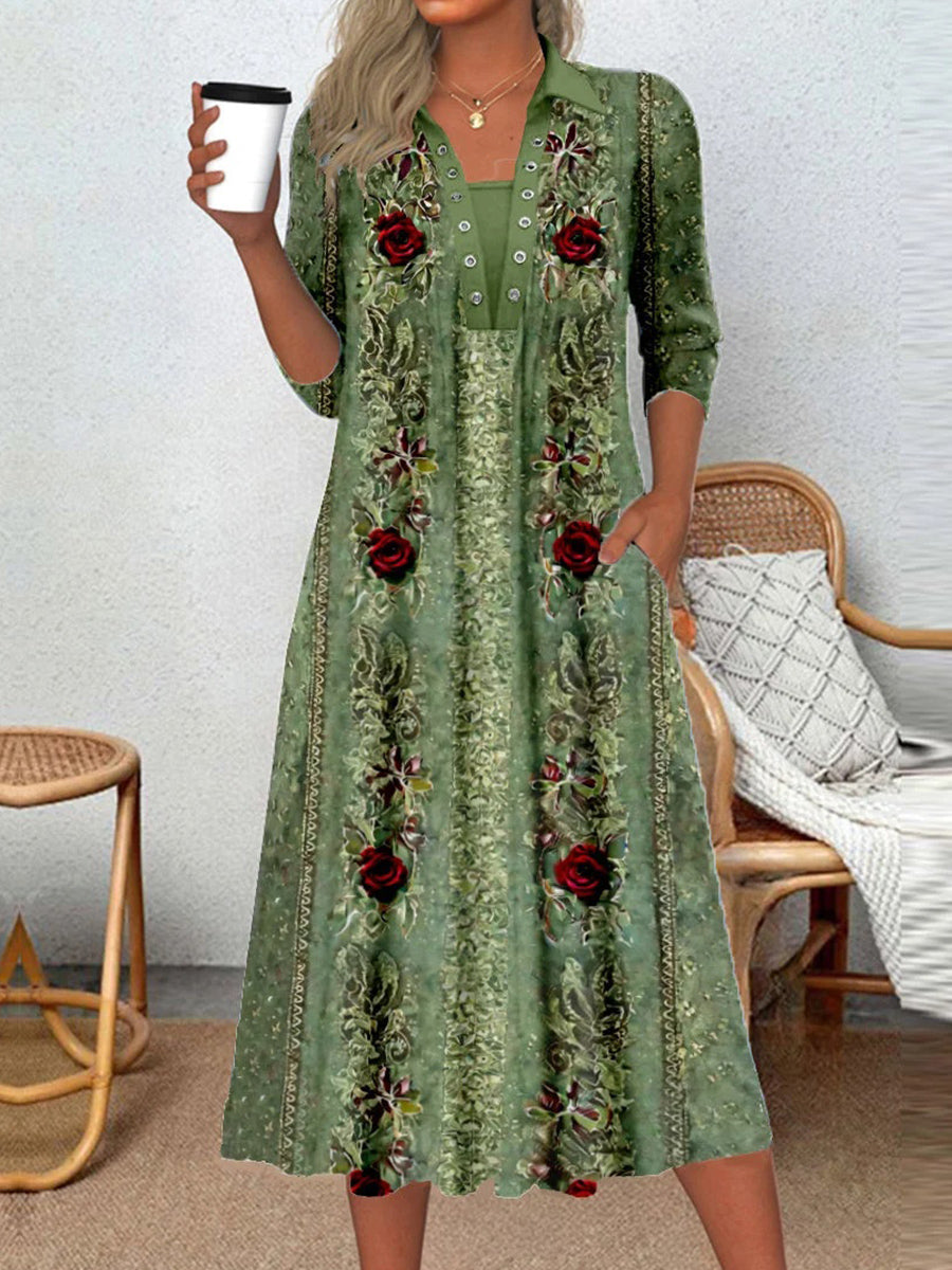 Women's Long Sleeve Scoop Neck Graphic Floral Printed Midi Dress