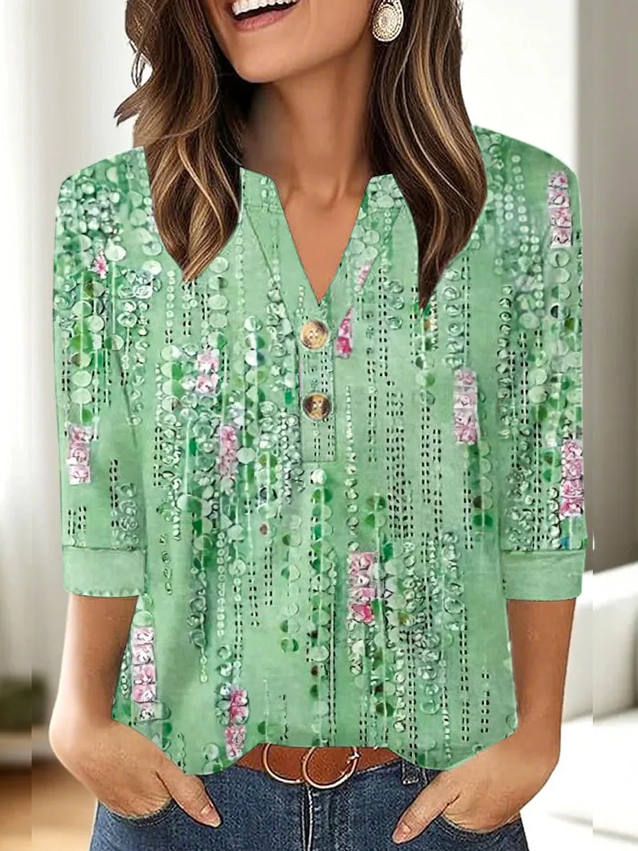 LilyWish Green Long Sleeve V-Neck Top