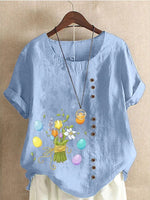 LilyWish Light Blue Casual Round Neck Floral Printed Short Sleeve Blouse