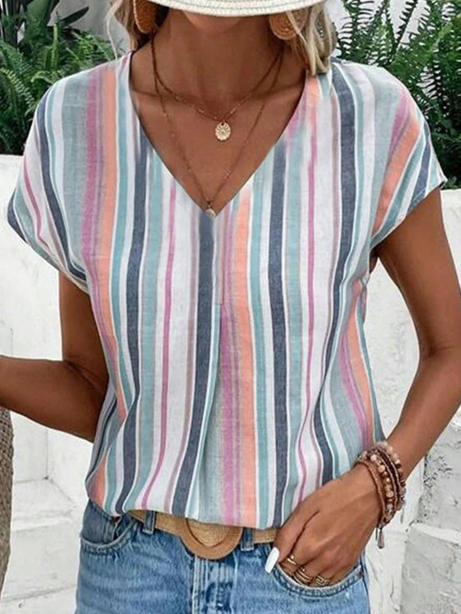 LilyWish Casual Striped V-neck Short Sleeve T-Shirt