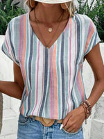 LilyWish Casual Striped V-neck Short Sleeve T-Shirt