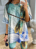 Blue Casual Graphic Tops Round Neck Dragonfly Printed Short Sleeve Outfit Sets