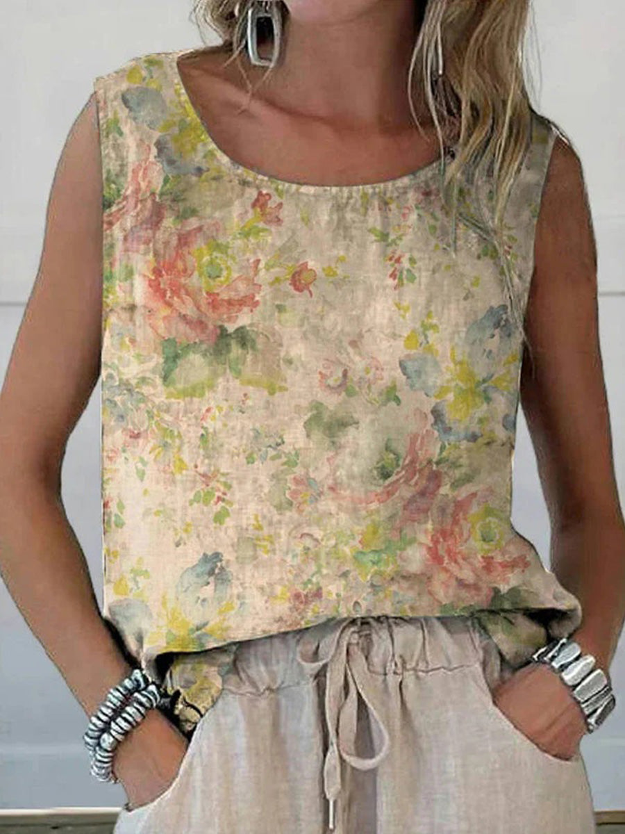 LilyWish Vintage Floral Print Round Neck Sleeveless Tank Top