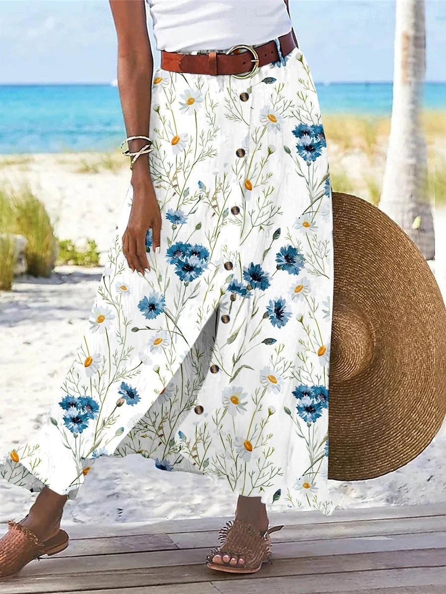 Women's Floral Printed Graphic Straight Fashion Split Button Maxi High Waist Skirt
