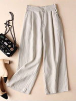Solid Pockets Elastic Cotton Casual Straight Pants