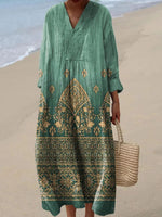Elegant Green Print V-Neck Long Sleeve Maxi Dress