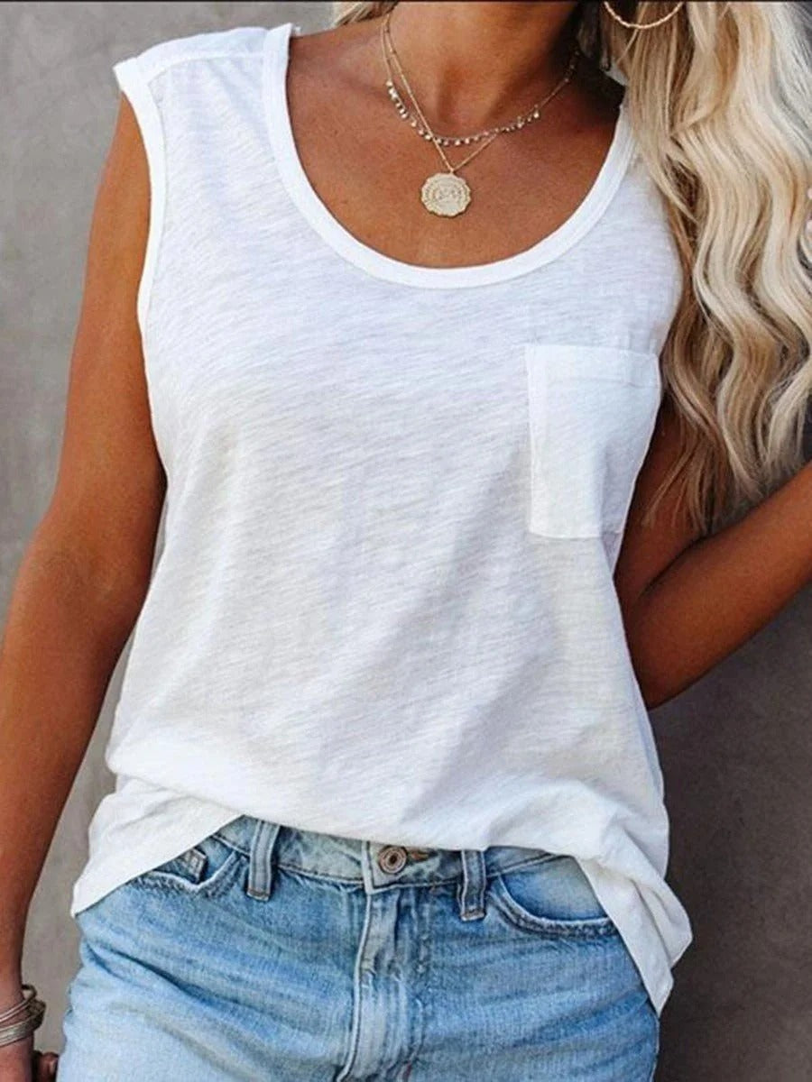 Casual Plain Crew Neck Pockets Tank