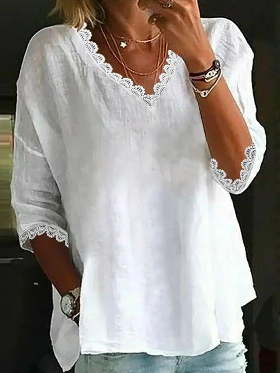 LilyWish White Lace V-neck 3/4 Sleeves Casual Blouse