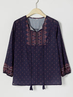 Casual V-neck 3/4 Sleeve Boho Border Print Blouse
