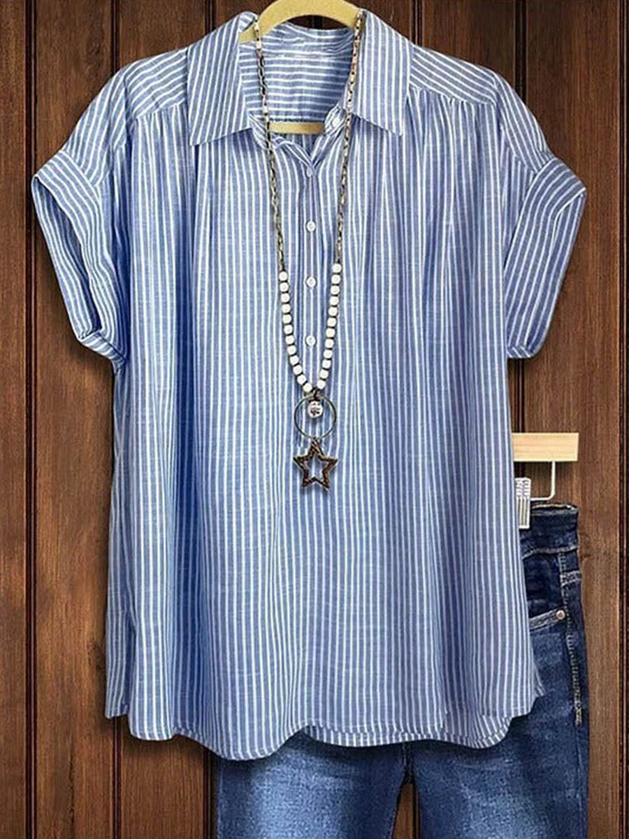 LilyWish Striped Linen Stand Collar Short Sleeve Blouse