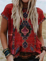 Ethnic Tribal Print Round Neck Short Sleeve Red T-shirt