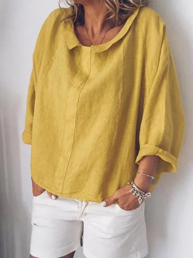 Lapel Solid Color Loose Three Quarter Sleeve Casual Blouse