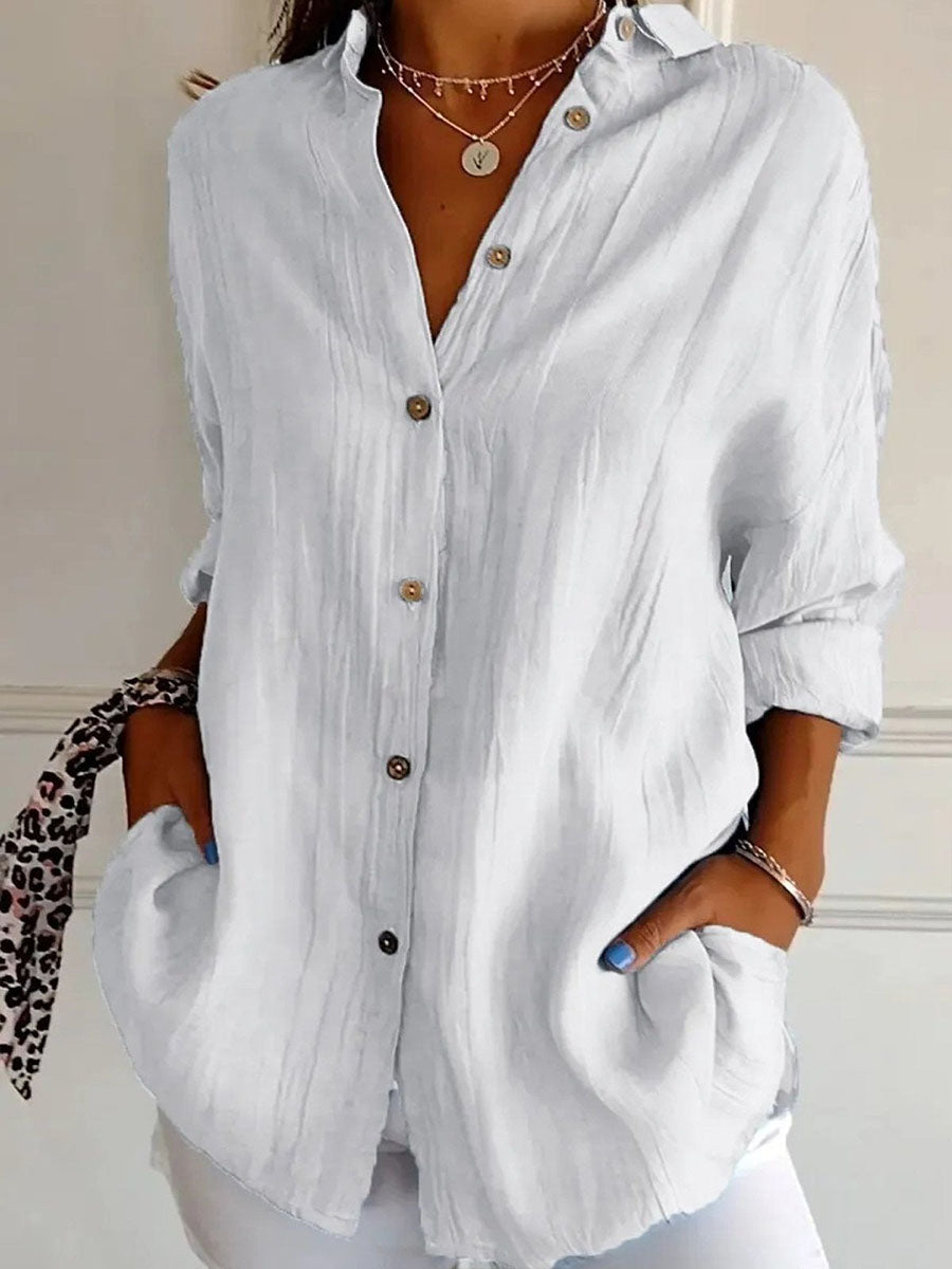 LilyWish Solid Casual Buttoned Loose V Neck Blouse