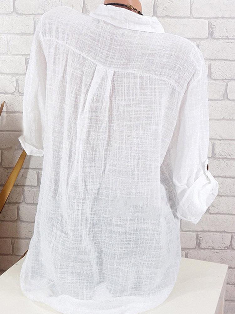 LilyWish White Solid with Buttons Casual Stand Collar Blouse