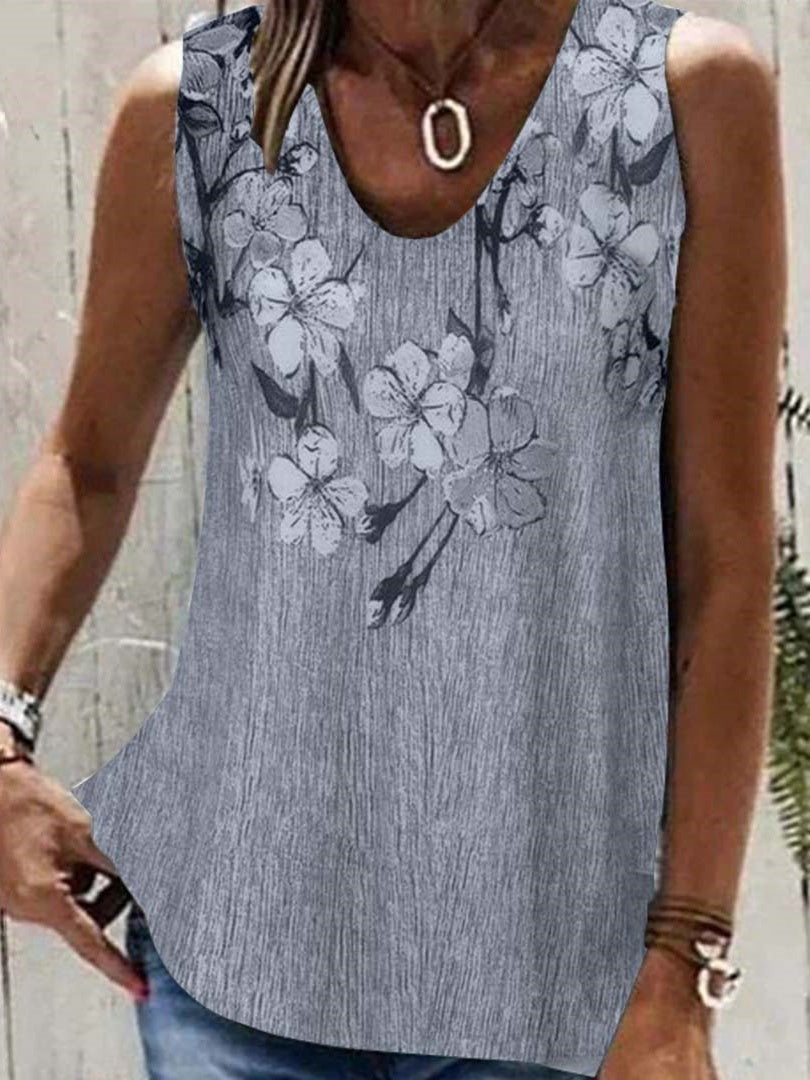 LilyWish Gray Casual V Neck Floral Printed Sleeveless Tank