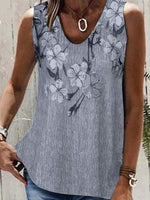 LilyWish Gray Casual V Neck Floral Printed Sleeveless Tank