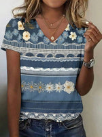 LilyWish Floral Print Casual V-neck Short Sleeve T-Shirt
