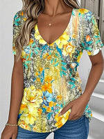 LilyWish Vintage Floral Print V-neck Short Sleeve T-Shirt